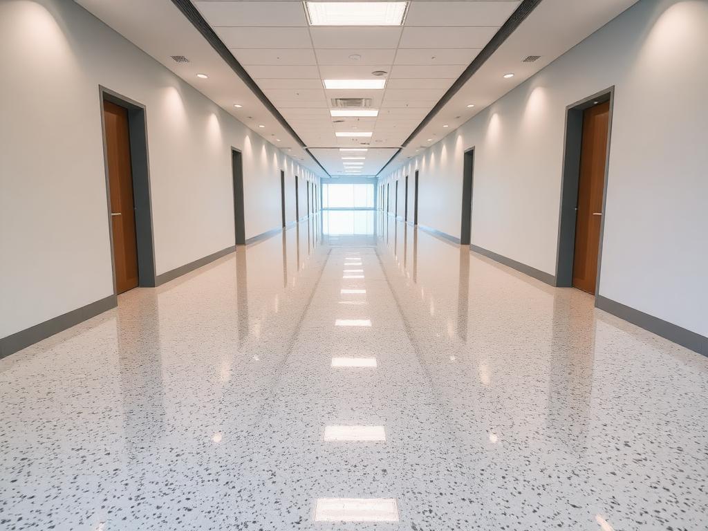 High-gloss commercial floor after strip and wax service