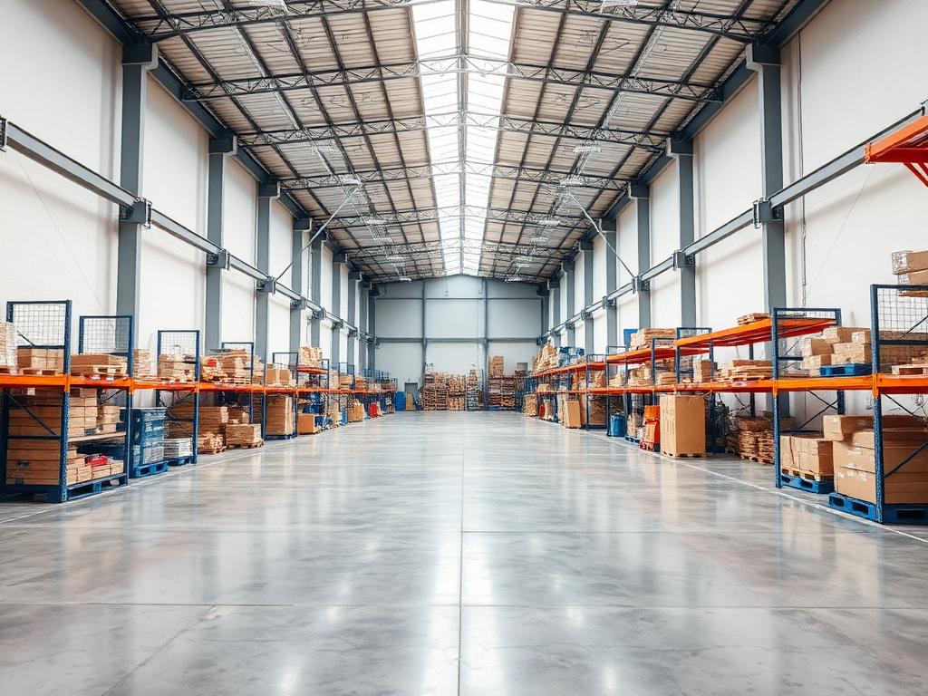 Industrial warehouse aisle after commercial floor scrubbing